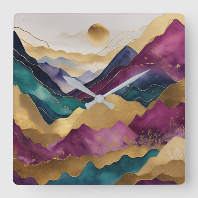 Aquarellfarbene Abstrakte Landschaftsmalerei Gold Quadratische Wanduhr (Vorderseite)