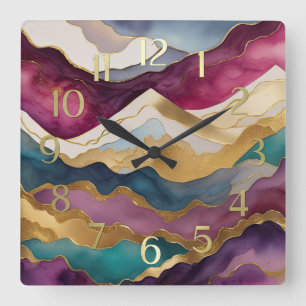 Aquarellfarbene Abstrakte Landschaftsmalerei Gold Quadratische Wanduhr