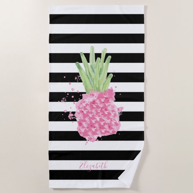 Aquarellfarbene Ananas, Schwarz-weiße Streifen Strandtuch (Vorderseite)
