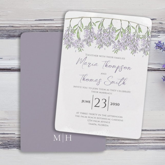 Aquarellfarbene Bläserkalligraphie Skript Elegante Einladung (Watercolor elegant Spring wisteria flower vine wedding invitation. )
