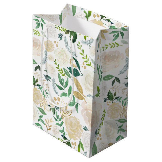 Aquarellfarbene, blassfarbene Erbsen und Gold-Glit Mittlere Geschenktüte (Rückseite Schrägansicht)