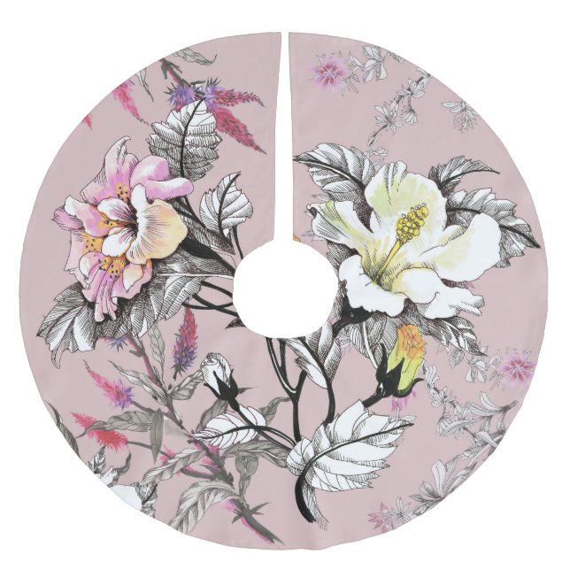Aquarellfarbene Blätter Blume rosa Muster Polyester Weihnachtsbaumdecke (Vorderseite)