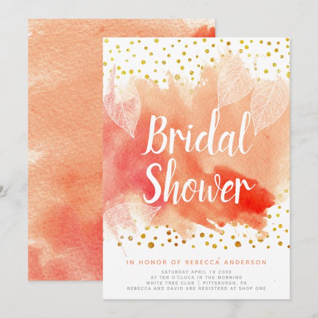 Aquarellfarbene Blätter, Konfetti Hochzeit Brautpa Einladung (Vorne/Hinten)