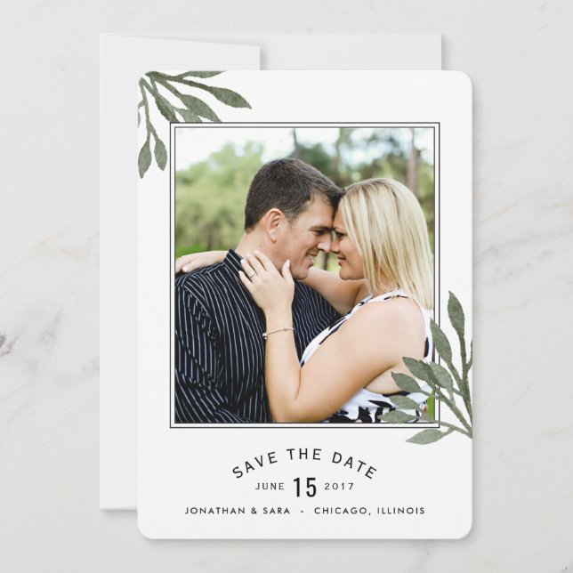 Aquarellfarbene Blätter Save the Date 2 Fotos (Vorderseite)