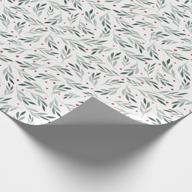 Aquarellfarbene Blätter und rote Beeren Weihnachte Geschenkpapier (Ecke)