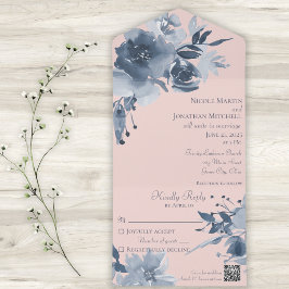 Aquarellfarbene blaue Blüte mit QR-Code All In One Einladung