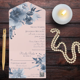 Aquarellfarbene blaue Blüte mit QR-Code All In One Einladung