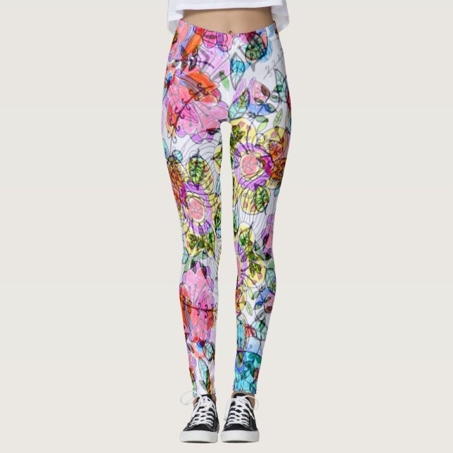 Aquarellfarbene Blume Blätter in leuchtenden Paste Leggings (Vorderseite)