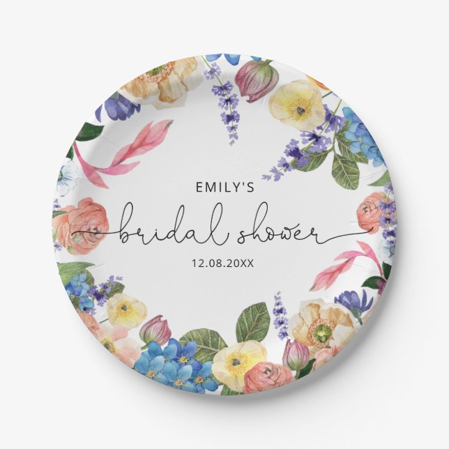 Aquarellfarbene Blume Blumengebirge Brautparty Pappteller (Vorderseite)