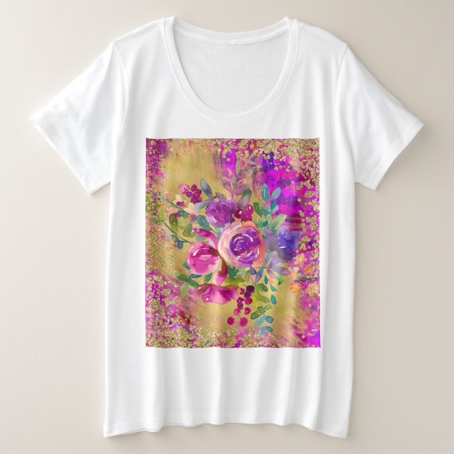 Aquarellfarbene Blume Bouquet auf Himbeerrosa Große Größe T-Shirt (Design vorne)