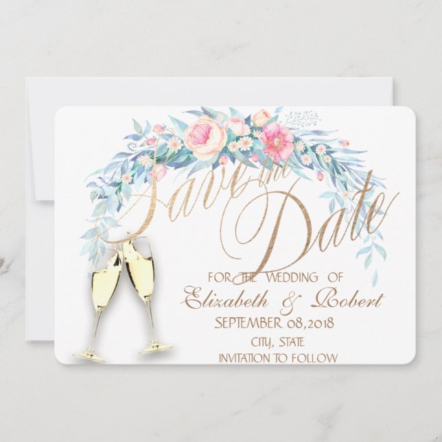 Aquarellfarbene Blume, Dots Weingläser Save the Da Save The Date (Vorderseite)