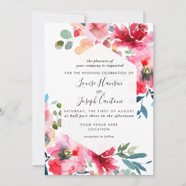 Aquarellfarbene Blume Garten Rose, Red Ombre Weddi Einladung (Vorderseite)