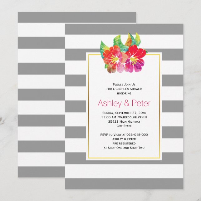 Aquarellfarbene Blume, graue Hochzeitspaare dusche Einladung (Vorne/Hinten)