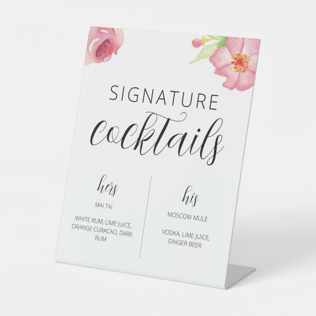 Aquarellfarbene Blume Hochzeitssignatur Cocktailsi Sockelschild (Vorderseite)