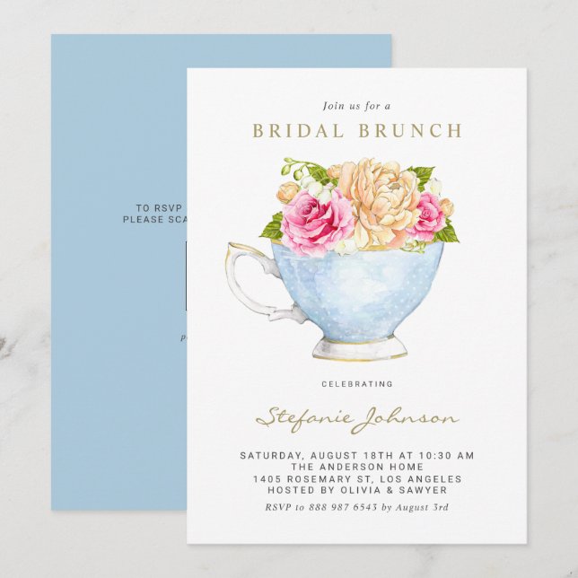 Aquarellfarbene Blume im Teacup-Brautparty Einladung (Vorne/Hinten)