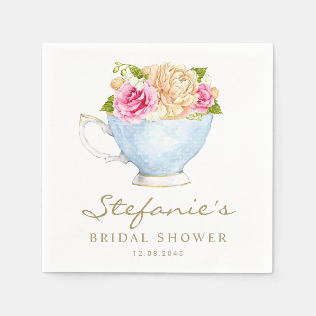 Aquarellfarbene Blume im Teacup-Brautparty Serviette (Vorderseite)
