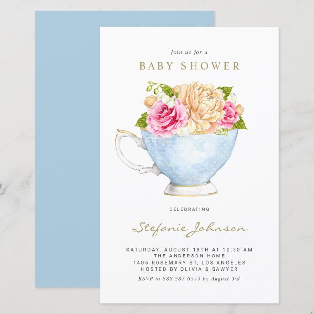 Aquarellfarbene Blume in Teacup Baby Dusche (Vorne/Hinten)