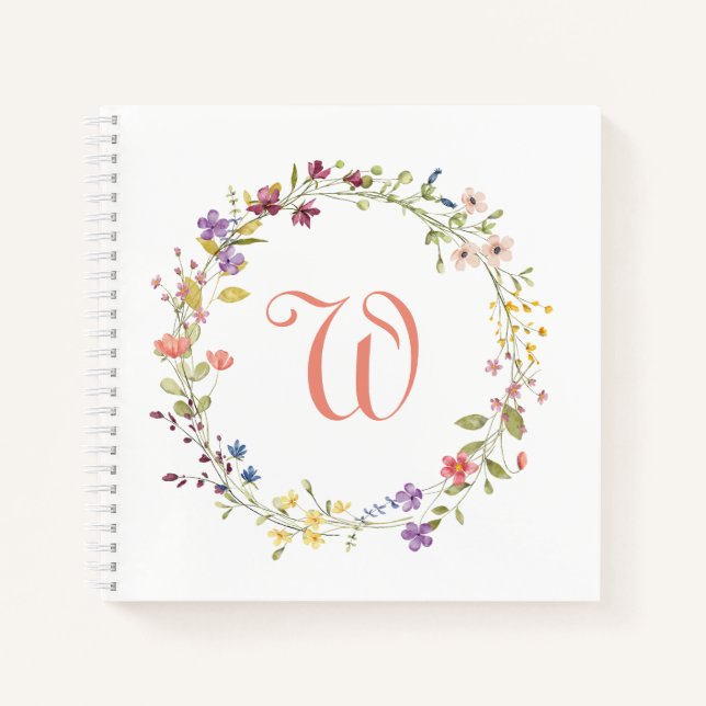 Aquarellfarbene Blume Kränze-Rahmen-Monogramm Notizbuch (Vorderseite)