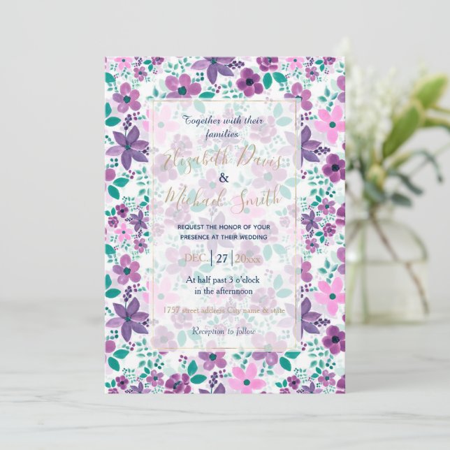 Aquarellfarbene Blume Lila rosa Botanisch Einladung (Stehend Vorderseite)