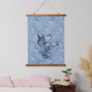 Aquarellfarbene Blume mit besichtigten Schmetterli Wandteppich Mit Holzrahmen