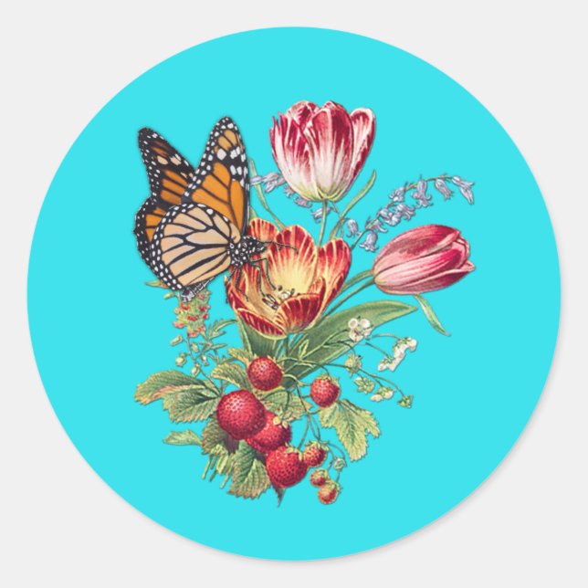 Aquarellfarbene Blume mit Besuch von Schmetterling Runder Aufkleber (Vorderseite)
