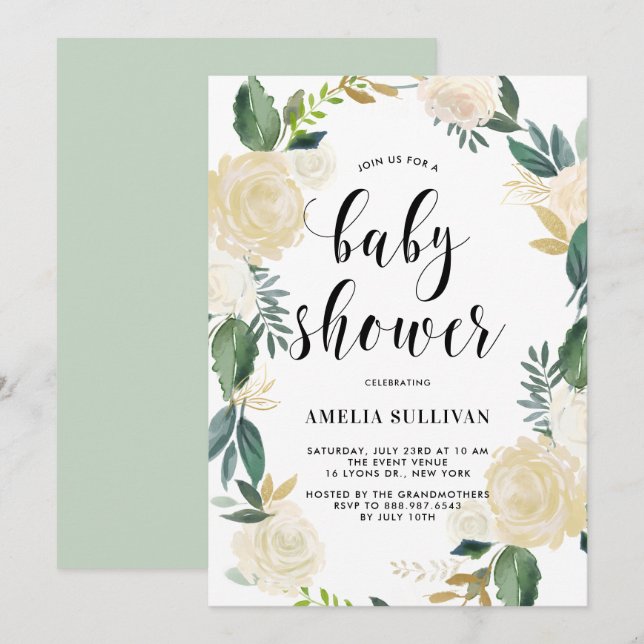 Aquarellfarbene Blume mit Gold Glitzer Baby Dusche Einladung (Vorne/Hinten)