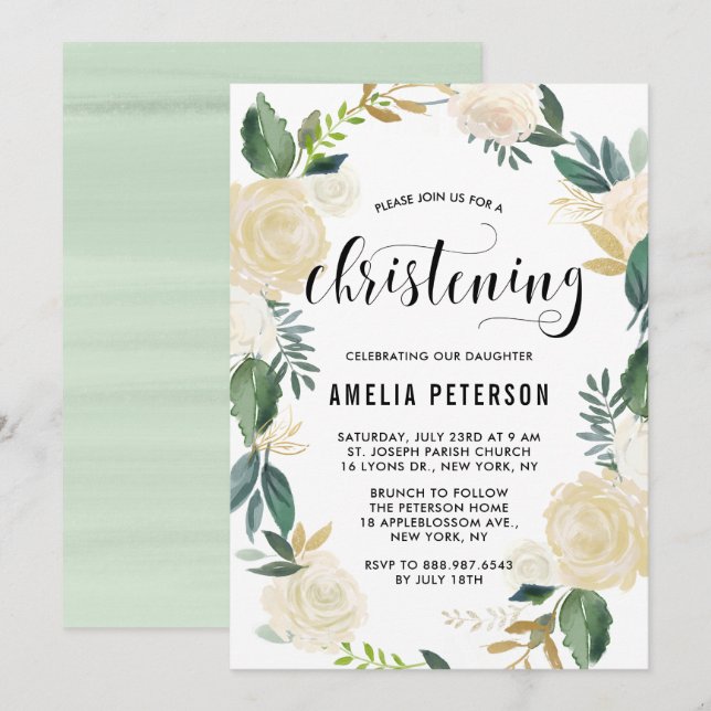 Aquarellfarbene Blume mit Gold Glitzer Christening Einladung (Vorne/Hinten)