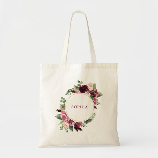 Aquarellfarbene Blume mit goldfarbenem Rosa und we Tragetasche (Vorne)