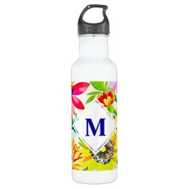 Aquarellfarbene Blume Mit Monogramm Edelstahlflasche
