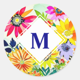 Aquarellfarbene Blume Mit Monogramm Runder Aufkleber
