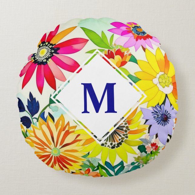 Aquarellfarbene Blume Mit Monogramm Rundes Kissen (Vorderseite)