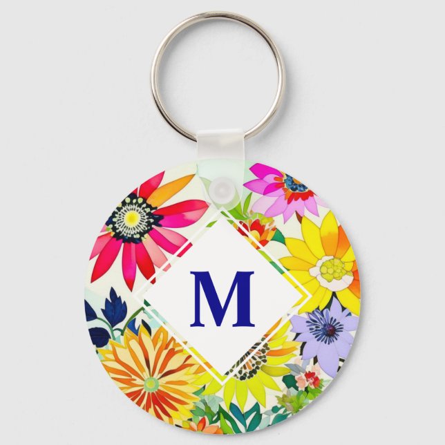 Aquarellfarbene Blume Mit Monogramm Schlüsselanhänger (Vorderseite)