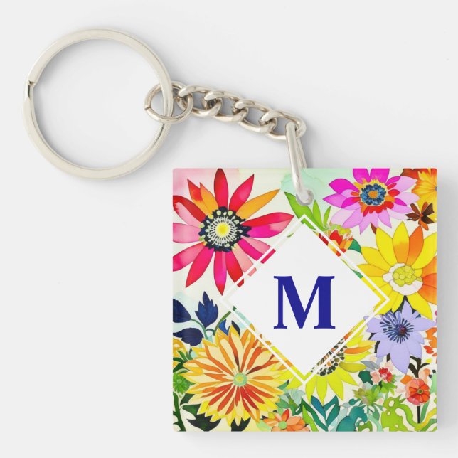 Aquarellfarbene Blume Mit Monogramm Schlüsselanhänger (Vorderseite)