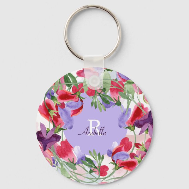 Aquarellfarbene Blume mit Monogramm Schlüsselanhänger (Vorderseite)
