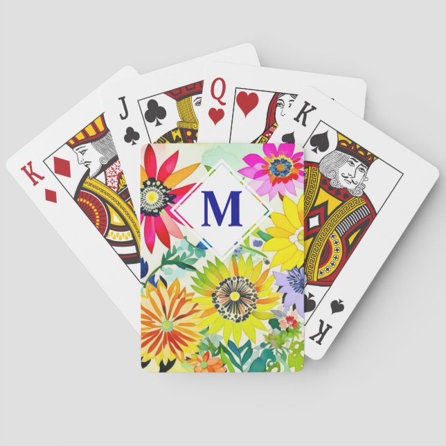 Aquarellfarbene Blume Mit Monogramm Spielkarten (Rückseite)