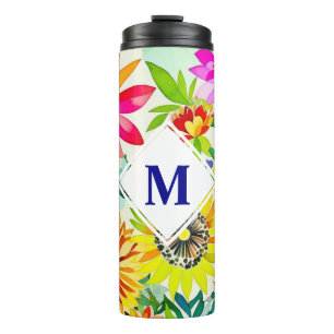 Aquarellfarbene Blume Mit Monogramm Thermosbecher