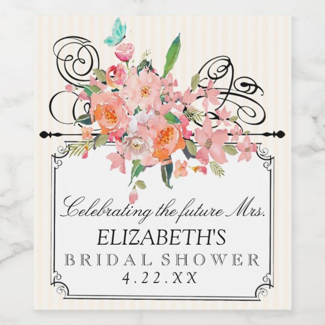 Aquarellfarbene Blume mit Streifen Brautparty Weinetikett (Einzelnes Label)