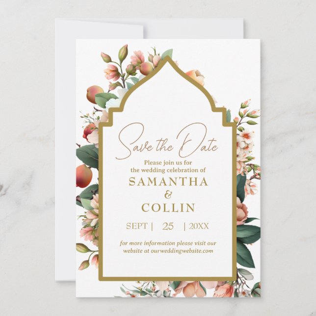 Aquarellfarbene Blume Pfirsichobst Save the Date Einladung (Vorderseite)