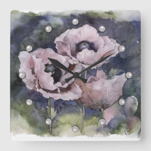 Aquarellfarbene Blume Rosa Mohnblüte Blume Quadratische Wanduhr