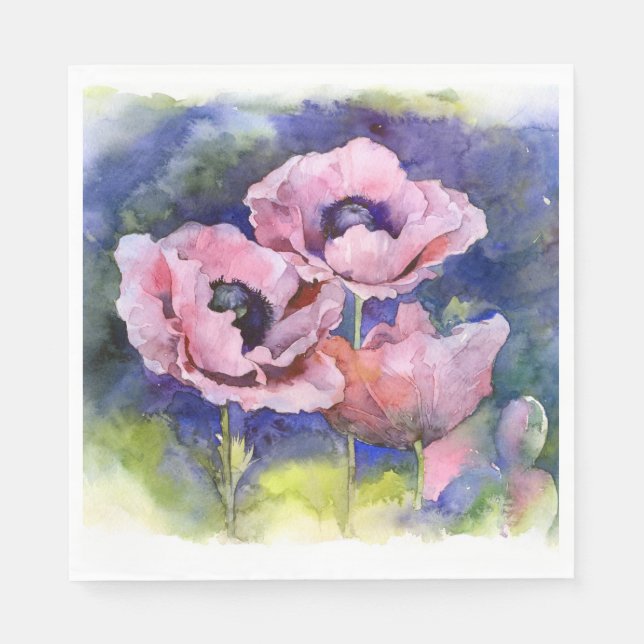 Aquarellfarbene Blume Rosa Mohnblüte Blume Serviette (Vorderseite)