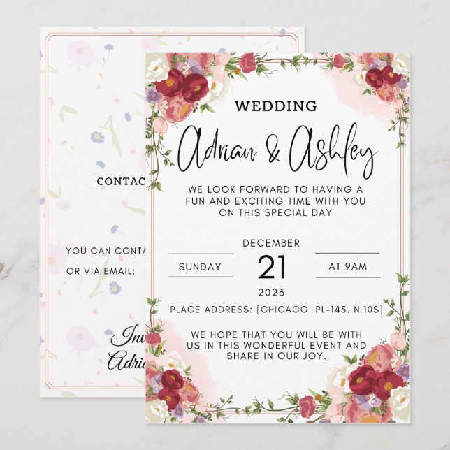 Aquarellfarbene Blume Rote Hochzeitseinladungen Einladung (Vorne/Hinten)