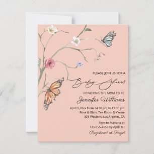 Aquarellfarbene Blume Schmetterlinge Rosa Babydusc Einladung
