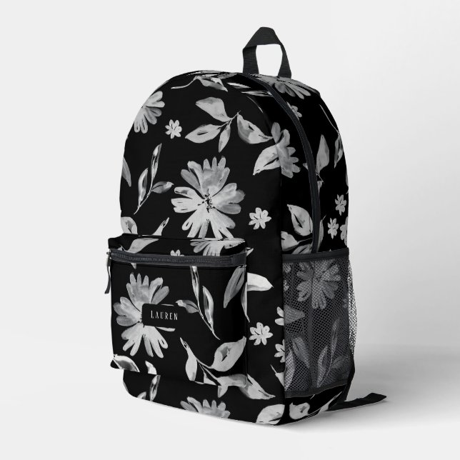 Aquarellfarbene Blume Schwarz-Weiß-Muster Bedruckter Rucksack (Rückseitige Ecke Rechts)