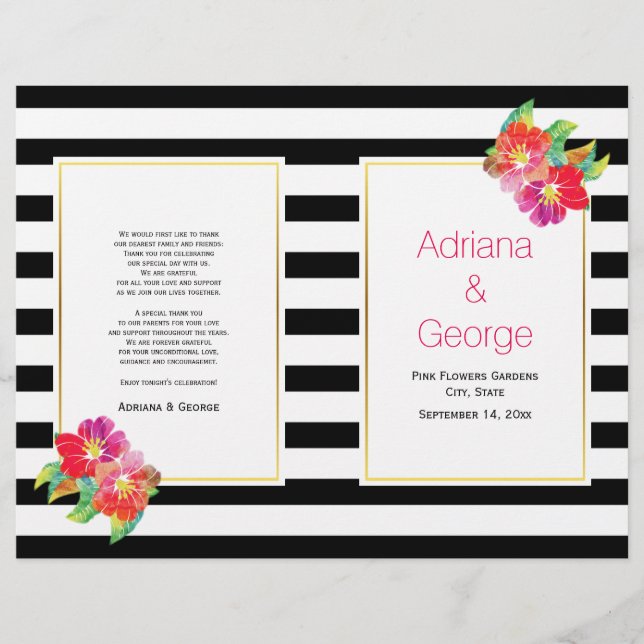 Aquarellfarbene Blume Schwarz-weißes Hochzeitsprog (Vorderseite)