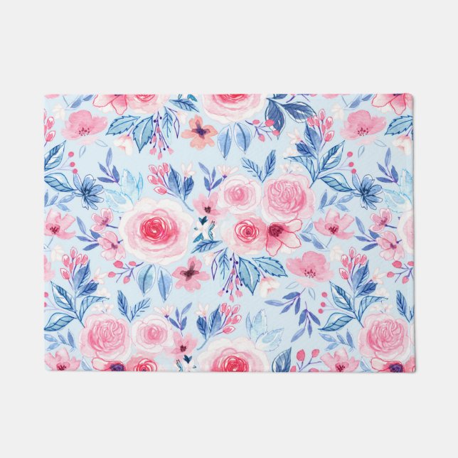 Aquarellfarbene Blume und Blätter 2 Fußmatte (Vorderseite)