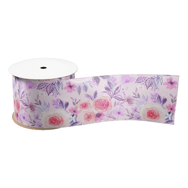 Aquarellfarbene Blume und Blätter 3 Satinband (Spule)