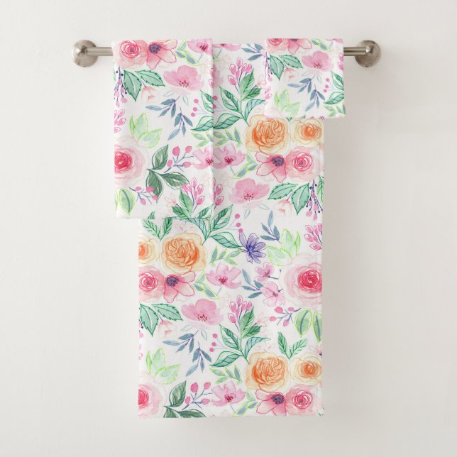 Aquarellfarbene Blume und Blätter Badhandtuch Set (Insitu)