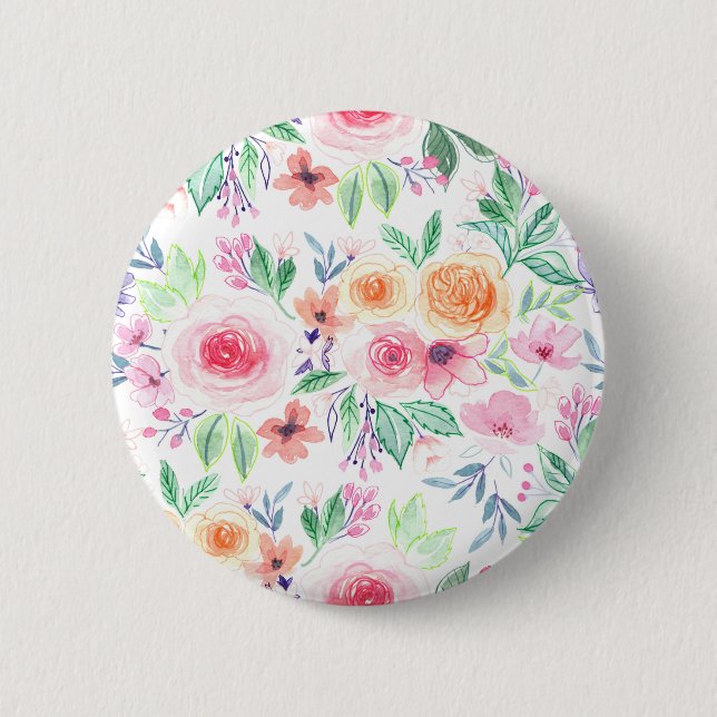 Aquarellfarbene Blume und Blätter Button (Vorderseite)
