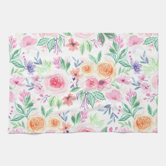 Aquarellfarbene Blume und Blätter Geschirrtuch (Horizontal)