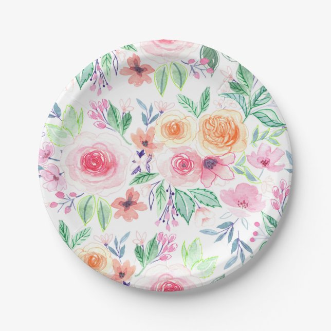 Aquarellfarbene Blume und Blätter Pappteller (Vorderseite)